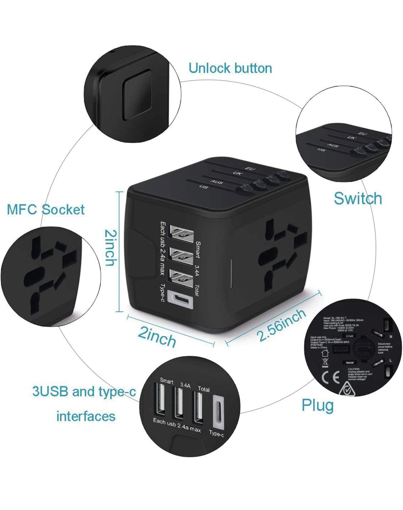 Universal Travel Adapter,International Power Adapter with 3 USB and 1Type C for USA,UK,EU Covers 150+Countries(Black) - MyTravelShop.ca