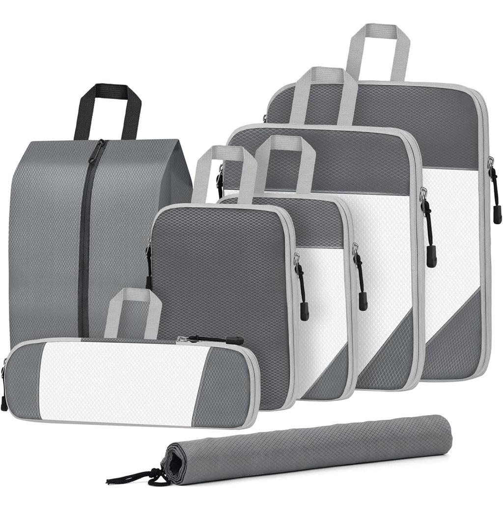 Compression Packing Cubes for Travel, 7 Piece Travel Mesh Packing Cubes Organizers Bags Luggage for Carry on Luggage with Laundry Bag, Shoes Bag, Clothing Bag, Grey - MyTravelShop.ca