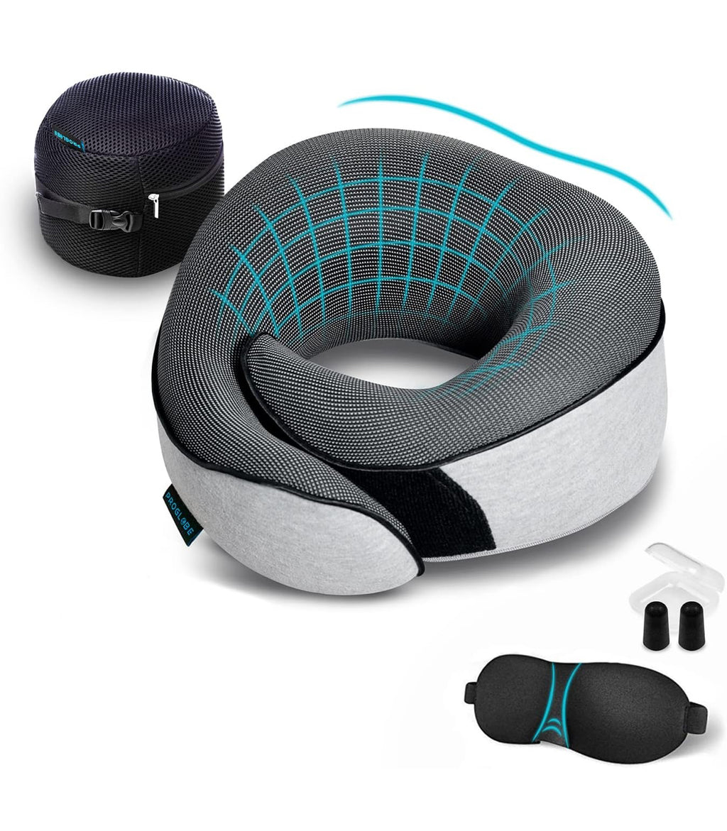 Orthopedic Neck Pillow Travel Neck Pillows for Airplanes, Memory Foam Kit, Updated Resting Material, Airplane Travel Set with 3D Contoured Eye Masks, Earplugs, and Luxury Mesh Bag - MyTravelShop.ca