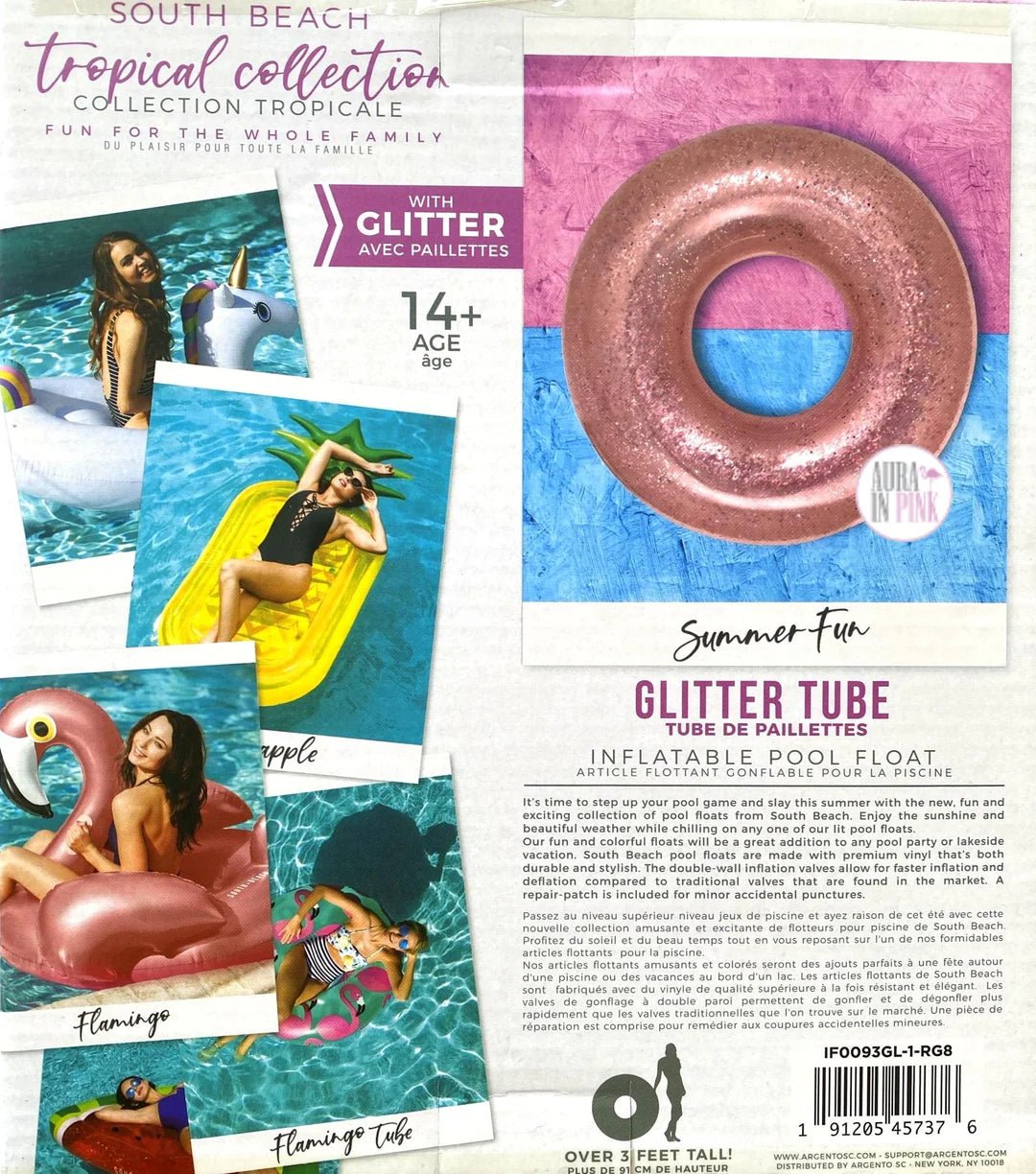 Pink Glitter Tube Pool Float - Over 3 Feet Tall - MyTravelShop.ca