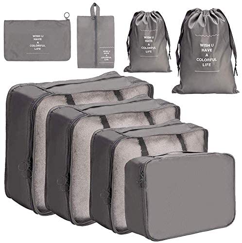 8 Pieces Packing Cubes Reusable Waterproof Large Capacity Lightweight Travel Storage Suitcase Luggage Organizer with Shoes Bag(Grey 8pcs) - My Travel Shop