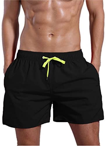 Men's Swimming Shorts Quick Dry Swim Trunks BLACK with green ties - My Travel Shop