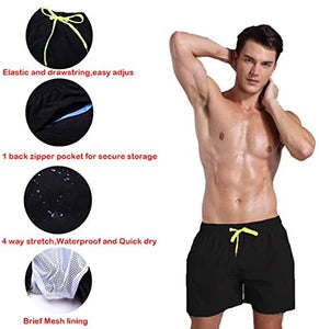 Men's Swimming Shorts Quick Dry Swim Trunks BLACK with green ties - My Travel Shop